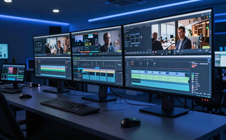 A high-tech video editing suite with dim blue ambient lighting, featuring multiple large ultra-wide monitors displaying complex video timelines. The atmosphere is professional and innovative, set in a creative hub in London.