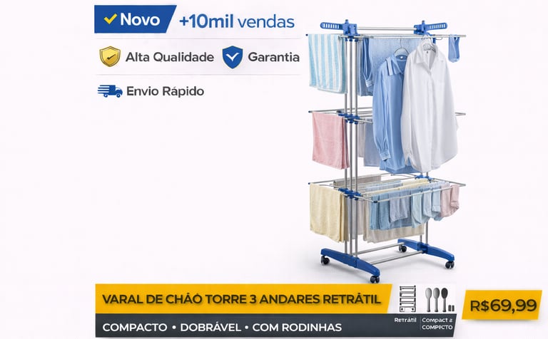 Varal de chão torre retrátil de 3 andares com rodinhas e roupas penduradas para secagem vertical compacta.