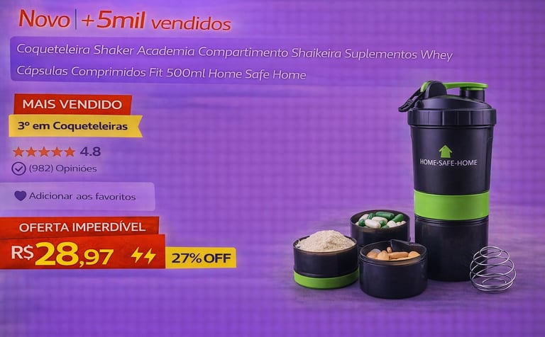 Coqueteleira shaker preta e verde com compartimentos para suplementos e comprimidos em oferta.