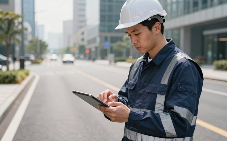 A focused professional engineer in high-visibility safety gear standing on a modern road in an International / Professional city, using a digital tablet to analyze pavement data. The lighting is bright and clear, emphasizing technical precision. The color palette includes Dark Navy and Steel Blue elements in the engineer's attire and surroundings.