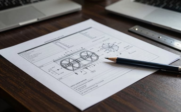 A sharp, high-contrast close-up of a detailed engineering report on a dark wooden desk in a modern International / Professional office. Professional tools like a mechanical pencil and a scale ruler lie beside the document. The lighting is focused and authoritative, with Dark Navy and Steel Blue tones.