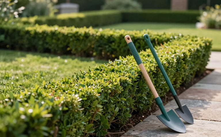 A close-up of a perfectly manicured lawn and a trimmed boxwood hedge. Soft morning sunlight highlights the vibrant greens (#2A3F30 and #5A7C6B). Professional garden tools are neatly placed on a stone path (#C1A78B), exuding elegance and meticulous maintenance work.