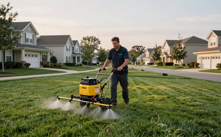 A professional landscaping crew in North America using modern equipment to perform lawn aeration and fertilization on a sprawling residential estate. The setting is a clean, suburban neighborhood under a soft morning sky.