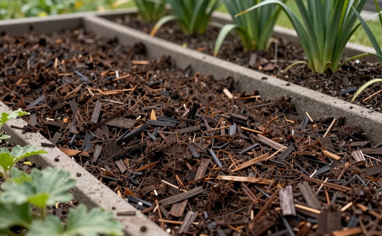 A high-quality close-up of dark organic mulch being professionally installed in a residential garden bed in North America. The scene shows the contrast between the fresh mulch and the green plants, with a focus on clean lines and a tidy finish.