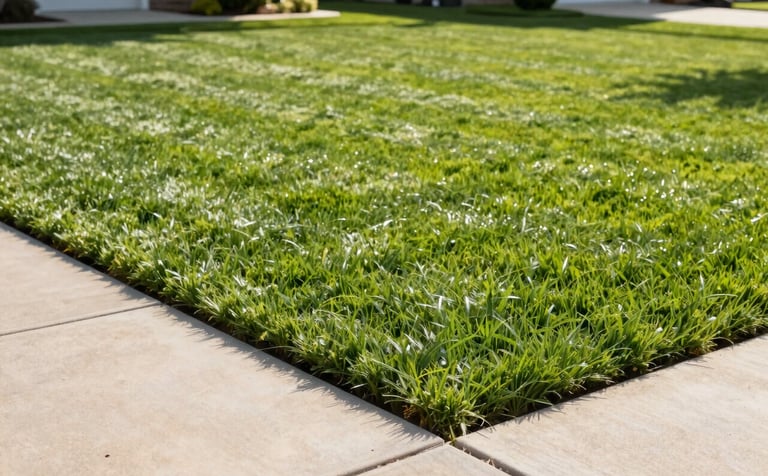 A bright, clear daytime photograph of a perfectly striped, vibrant green residential lawn in a North American suburb. The grass is expertly mowed, and the concrete walkway features sharp, clean edging. Warm sunlight highlights the lush texture of the lawn.