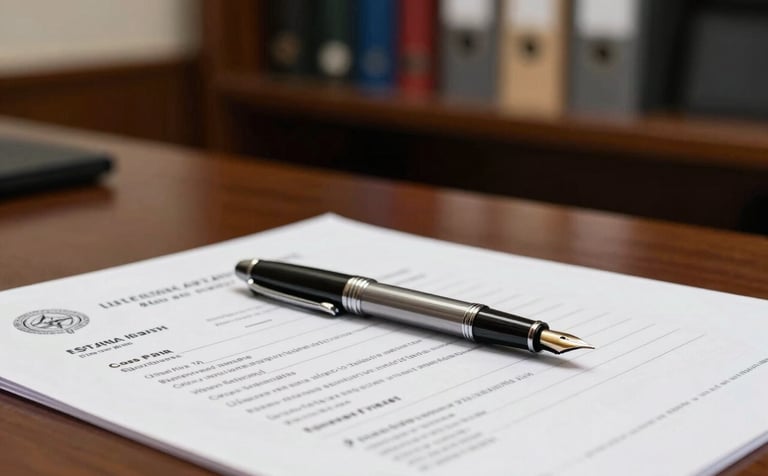 A close-up photograph of a professional desk in an Indian law firm. A high-quality fountain pen rests on an official trademark document. The aesthetic is clean and modern with a blurred background of a dark wood office shelf. South Asian / Indian context.