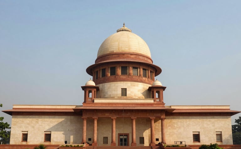 A prestigious, wide-angle photograph of the Supreme Court of India in New Delhi. The iconic dome and architecture are captured under a clear, bright morning sky, reflecting a sense of authority and justice. South Asian / Indian setting.