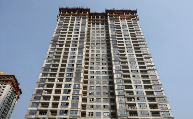A high-rise modern residential complex under construction in a major Indian city like Mumbai or Bangalore. The photo is taken from a low angle, emphasizing scale and urban development. Professional architectural photography. South Asian / Indian.