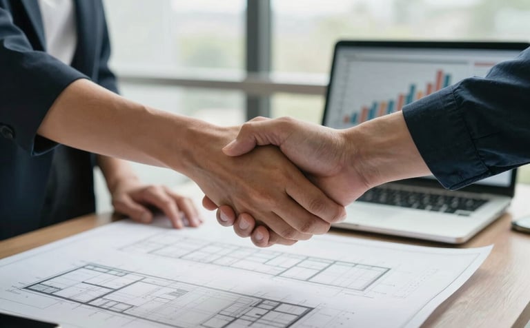 A close-up of two South American professional hands shaking over architectural blueprints and a laptop showing financial growth graphs in a bright, modern office with soft daylight.