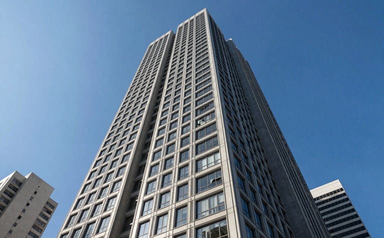 A low-angle shot of a sophisticated modern architectural skyscraper in a Brazilian city, showcasing clean lines and steel construction under a bright blue sky, conveying innovation.