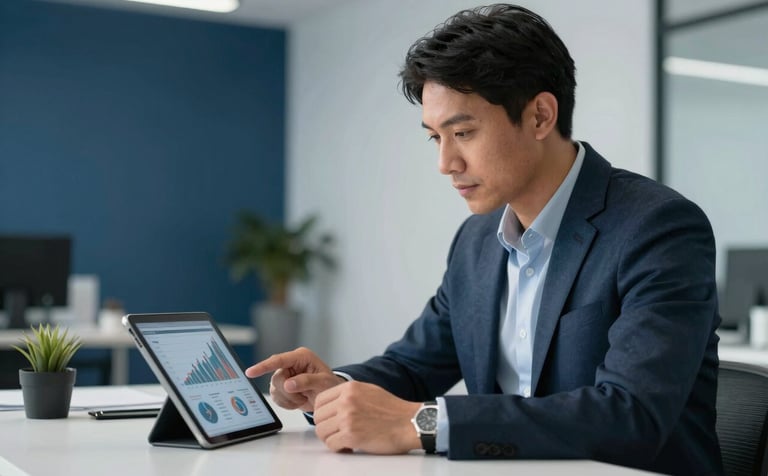 A professional South American engineer in a modern office looking at financial charts on a tablet, clean bright lighting, professional attire. The room features a professional and clean atmosphere with shades of dark blue and light grey in the background.