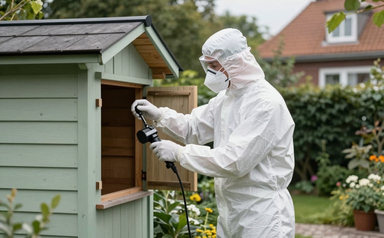 Photography of a professional pest control technician in a white protective suit and mask working carefully near a wooden garden shed in a typical Hamburg suburban garden. Natural daylight, modern and clean look with forest green and light sage accents. High resolution, professional composition.