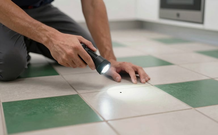 Professional photography of a technician inspecting a clean, modern kitchen floor in Hamburg using a flashlight. Selective focus on the floor tiles to identify insect entry points. The scene conveys trust and efficiency. Colors include off-white and forest green.