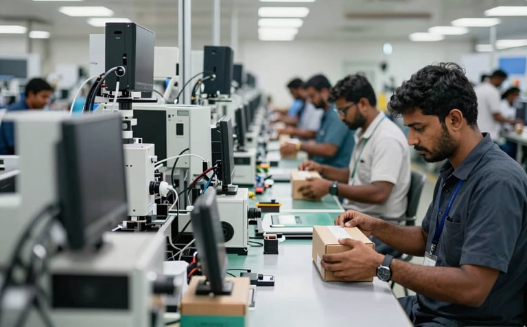 A professional assembly line in an Indian electronics manufacturing facility where workers are performing a final box build. The scene shows high-tech tools, clean workstations, and a premium industrial atmosphere.