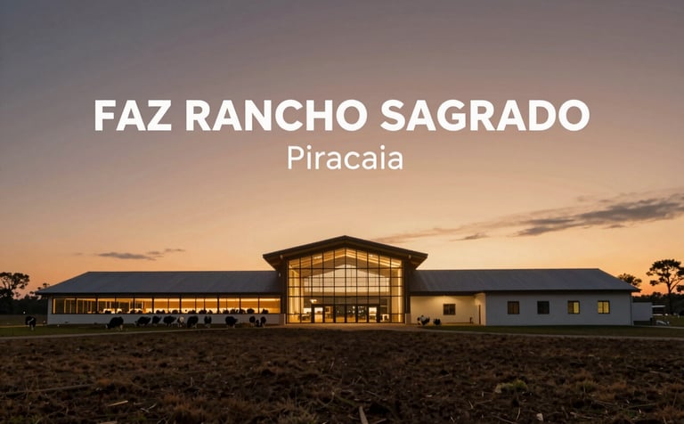 A wide view of the Faz Rancho Sagrado in Piracaia at dusk. The architecture of the facility is modern and integrated with nature. The sky is a palette of soft ambers and taupes. The overall mood is authoritative and professional, showcasing a premium dairy operation.