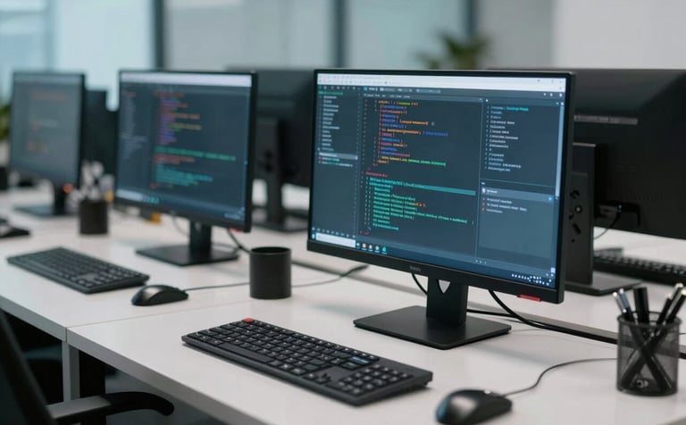 A creative workspace with high-end workstations showing blurred code and visual assets. Professional and innovative atmosphere in an International / Global setting, with teal and light grey color themes.