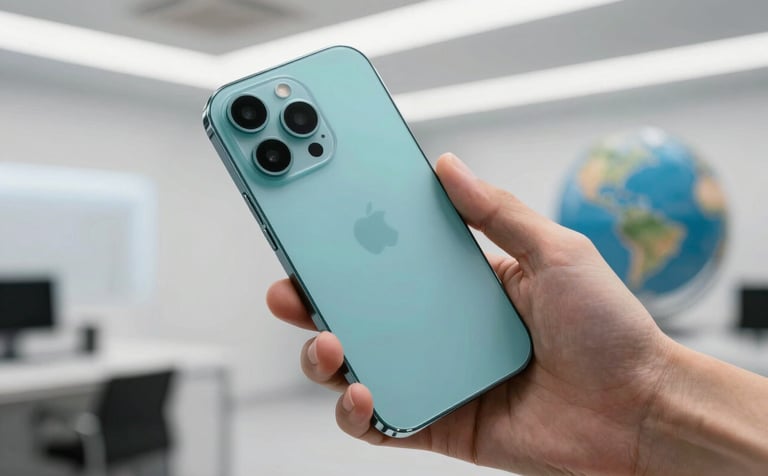 Close up of a premium smartphone held in a hand in a bright, modern International / Global studio environment. The device is sleek and reflects soft teal and medium blue lighting, emphasizing high-performance technology.