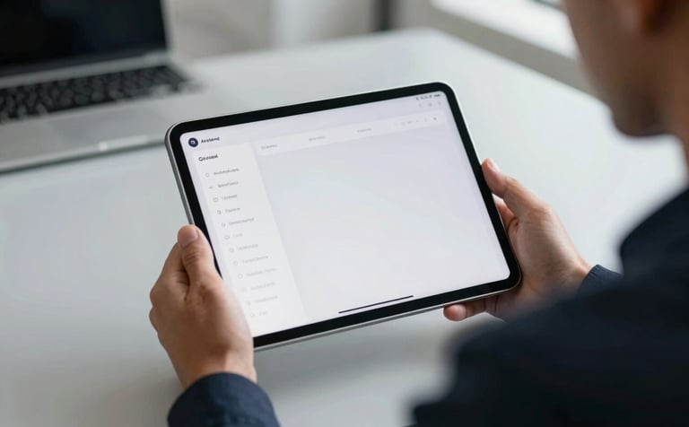 A professional developer in a modern International / Global tech office, focused on a sleek Android tablet displaying a minimalist interface. The composition is clean with soft daylight and accents of dark navy and light grey in the background.