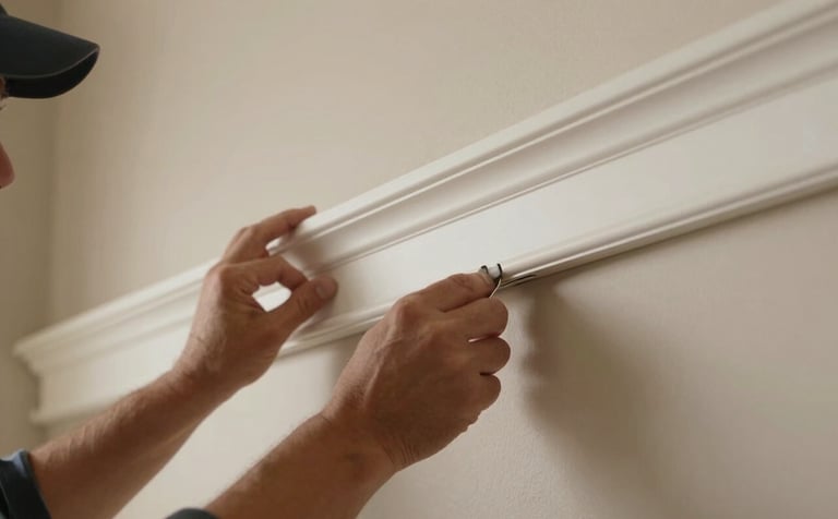 A close-up photograph of a professional carpenter's hands precisely installing off-white crown molding in a modern Pacific Northwest home. Soft natural light highlights the meticulous craftsmanship and clean lines against a beige wall.