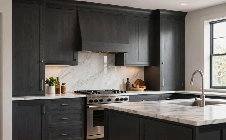 Photography of a high-end custom kitchen featuring charcoal-colored cabinetry with meticulously finished wood details. The scene is set in a luxury Portland residence with warm professional lighting and a commitment to modern professionalism.