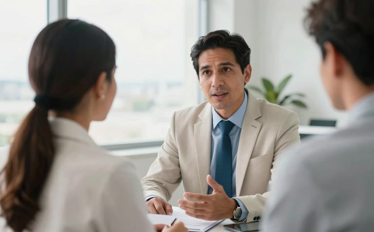 A focused South American / Colombian consultant in formal attire providing expert advice to a business owner in a bright office in Santander. Professional, supportive mood with a color palette of off-white and medium teal.