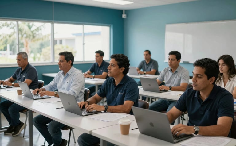 Professional South American / Colombian experts conducting a technical workshop in a modern classroom in Santander. The atmosphere is academic and serious, with natural light and a clean composition. Accents of deep teal and light blue in the room decor.