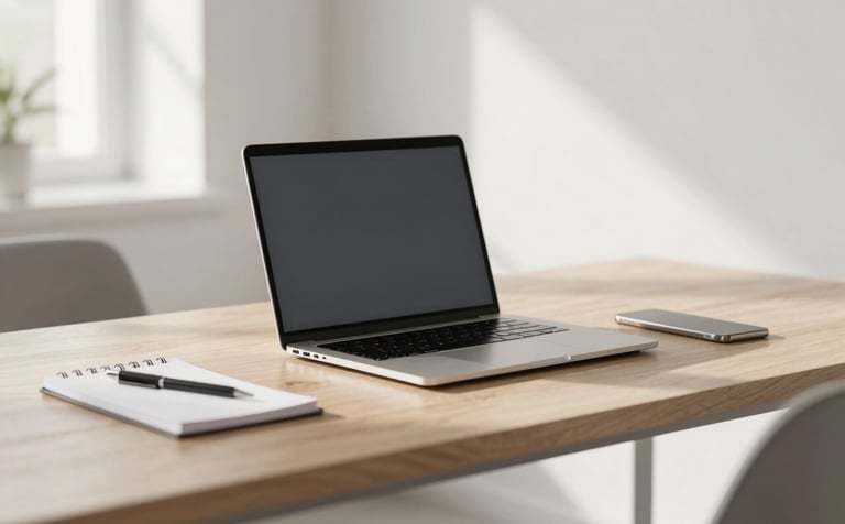 A high-end, minimalist office workspace with a clean wooden desk, a professional laptop, and a notepad. The room is filled with natural, soft morning light. The aesthetic is sharp and modern, dominated by neutral tones and shadows. Colors used: #4A4A4A, #F5F5F5.