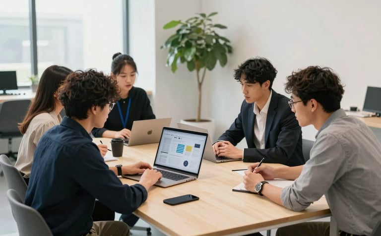 A clean, modern North American agency studio setting. A team is gathered around a large Crisp Parchment colored table reviewing a digital strategy on a laptop. The room features Scandinavian furniture and a large potted plant, reflecting a professional yet down-to-earth vibe.