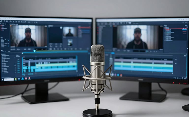 A high-end modern home studio setup featuring a professional microphone and dual monitors displaying video editing software. The lighting is crisp and cool, with accents of soft steel blue and dark navy blue reflecting off the equipment. Professional photography style, clean and focused composition.