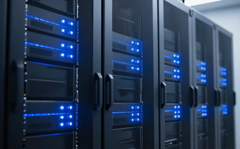 Close-up of sleek, modern server racks in a data center with glowing blue LED indicators. The environment is impeccably clean, reflecting a palette of dark navy blue and soft steel blue. Symmetrical composition, shallow depth of field, representing technological reliability.