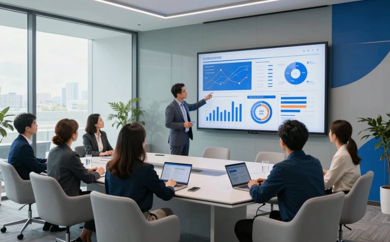 A bright, airy glass-walled conference room where a diverse team of professionals is reviewing media analytics on a large wall-mounted screen. The room features pale mist grey furniture and deep sky blue decorative elements. Wide angle shot, cinematic lighting, modern corporate atmosphere.