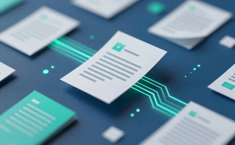 Abstract visualization of complex documents being transformed into structured digital data streams. Geometric shapes and glowing data lines in #1F3C57 and #F5F8FA move across a professional blue surface. The style is clean, sharp, and symbolizes high-efficiency document processing.
