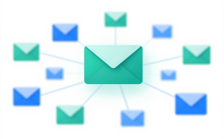 A high-end digital representation of an intelligent email sorting system. Stylized envelopes flow through a network of nodes in #1F3C57 and #4A7CA1. The aesthetic is organized, efficient, and highlights professional communication management.