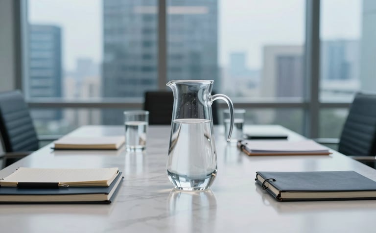Photography of a modern corporate boardroom in a North American skyscraper. Soft blue tones in the morning light. A glass pitcher of water and several notebooks are neatly arranged on a white marble table. Clean, authoritative and sophisticated composition.
