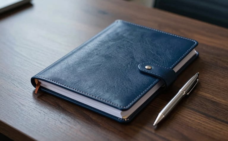 Interior photography of a high-end North American legal office. A deep navy leather planner and a silver pen rest on a dark walnut desk. Natural light highlights the texture of the paper and the wood. Professional and calm mood with soft blue tones.