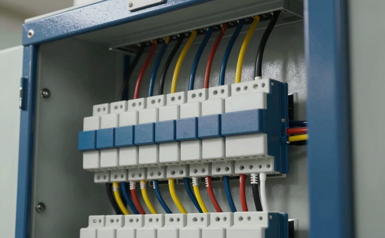 Photography of a modern and neatly wired industrial electrical panel. The wiring is color-coded and organized perfectly. The panel is navy blue and steel blue, reflecting a high-tech and authoritative engineering standard. Clear, natural lighting.