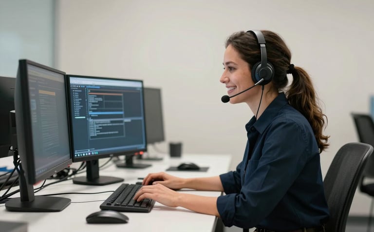 An American professional technician smiling while working at a clean, white desk with multiple monitors. She is wearing a modern headset. The background is a crisp off-white wall with soft professional lighting.