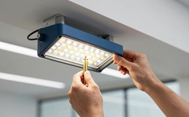 A close-up of a skilled technician installing commercial LED fixtures in a sleek North American / US office space. The image focuses on efficiency and precision, featuring accents of Steel Blue and Muted Gold in the equipment and Soft White architectural lighting.