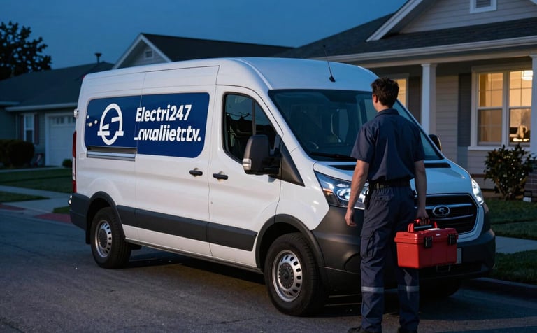 A branded electrician service van parked on a quiet North American / US suburban street at night, with a professional technician carrying a toolkit toward a home. Lighting is crisp and cold, using Deep Charcoal Blue shadows and Steel Blue highlights to show 24/7 availability.