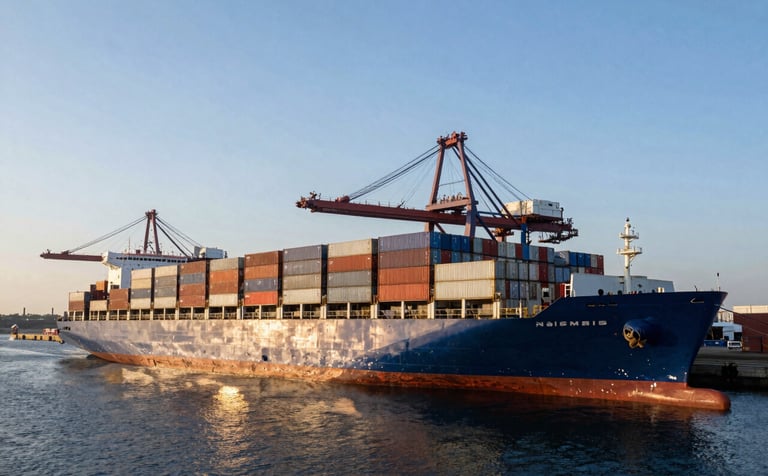 A high-angle photography shot of a large container ship docked at a modern European port during the golden hour. The ship is loaded with various steel containers. The water reflects the dark blue and light blue sky. The composition is clean and professional, emphasizing global logistics and efficiency.