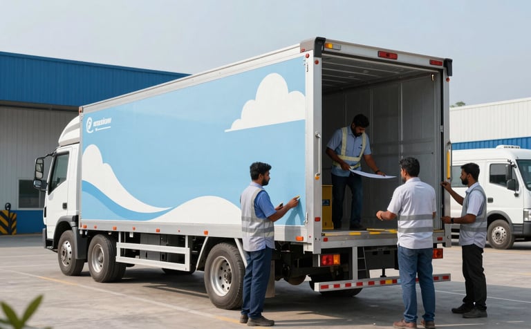An enclosed silver car carrier trailer parked in a professional South Asian / Indian logistics hub. Workers in modern uniforms are performing a safety check. The brand's pale sky blue and cloud white colors are integrated into the facility's clean design.