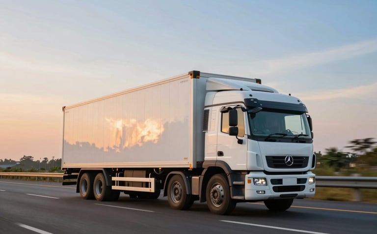 A wide shot of a logistics truck traveling on a modern South Asian / Indian highway at sunset. The sky is a mix of pale sky blue and soft orange, reflecting on the clean white truck body. The composition is dynamic, emphasizing speed and efficiency.