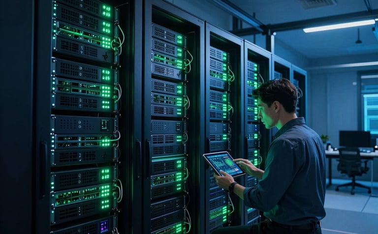 A wide-angle photograph of a state-of-the-art server room with glowing sky greenish blue LED lights on the racks. A IT professional in a Global Business office environment is monitoring performance on a sleek tablet. Modern, high-tech atmosphere with deep blue shadows.