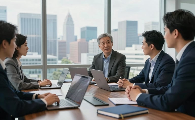 An executive strategy meeting in a glass-walled Global Business boardroom. Soft morning light illuminates a table with sleek laptops and deep blue notebooks. A professional view of a metropolitan skyline is visible through the window.