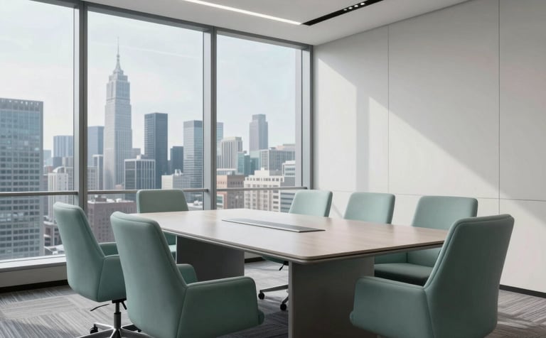 A minimalist corporate boardroom in a skyscraper overlooking the city. Modern misty sage teal chairs surround a polished table. Large windows show a clear view of the skyline. The style is sharp, clean, and highly professional.