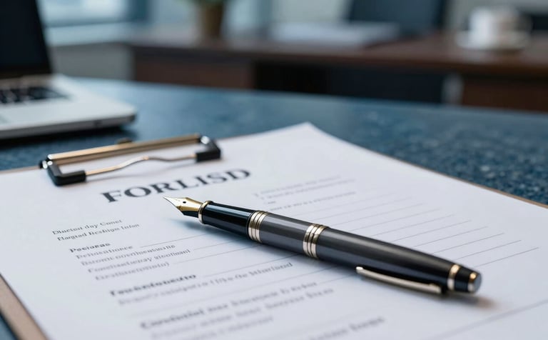 A professional desk setting with a fountain pen and official documents. The background is a blurred high-end office with oceanic slate blue color tones. The lighting is focused and clean, emphasizing a sense of trust and legal precision.