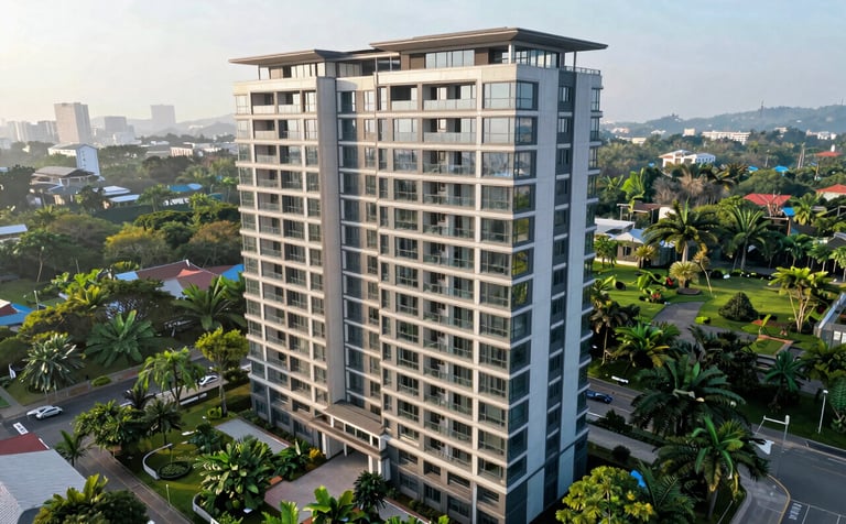 A high-angle professional photograph of a luxury high-rise residential development in Kuala Lumpur. The building features clean modern lines and glass balconies reflecting a soft frost white sky. The surrounding landscaping is lush with deep emerald green foliage, captured in bright, natural morning light.