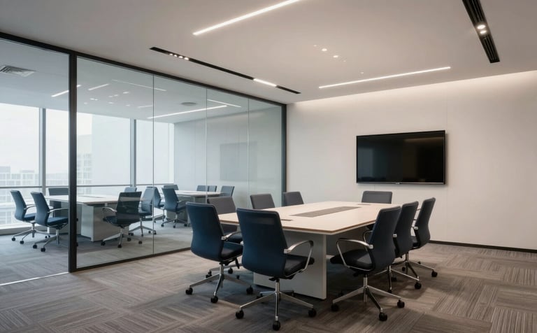 A wide-angle professional photograph of a contemporary US-based office boardroom. The scene features clean lines, glass partitions, and a serene atmosphere, with subtle off-white and medium blue decor elements.