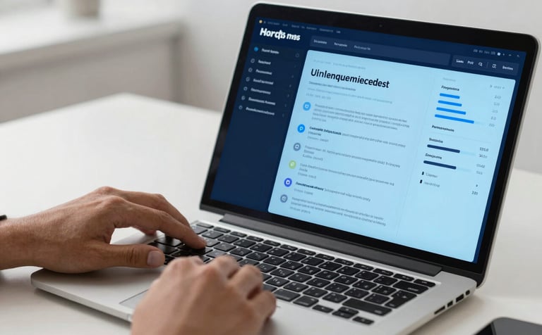 A close-up shot of a professional in a modern North American workspace organizing a digital dashboard on a laptop. The aesthetic is clean and minimalist, incorporating brand colors of deep navy blue and light azure blue, reflecting trust and strategic management.