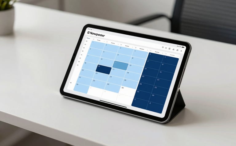 A professional image of a high-end digital tablet sitting on a clean, off-white desk in a modern North American office. The tablet displays a clear, organized calendar with scheduling blocks in pale sky blue and deep navy blue. The lighting is bright and airy, suggesting efficiency and precision.